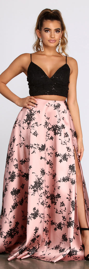 The Calla Two Piece Sequin Lace Satin A Line Dress is a gorgeous pick as your 2023 prom dress or formal gown for wedding guest, spring bridesmaid, or army ball attire!