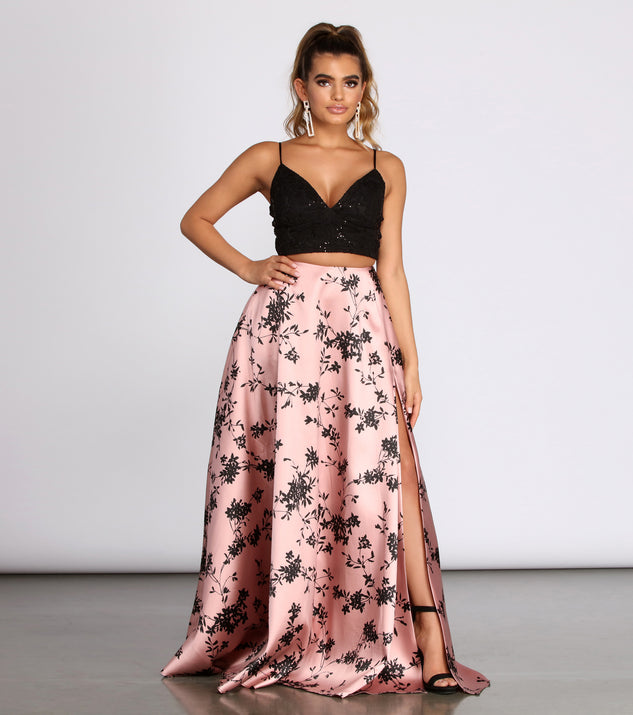 The Calla Two Piece Sequin Lace Satin A Line Dress is a gorgeous pick as your 2023 prom dress or formal gown for wedding guest, spring bridesmaid, or army ball attire!