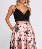 The Calla Two Piece Sequin Lace Satin A Line Dress is a gorgeous pick as your 2023 prom dress or formal gown for wedding guest, spring bridesmaid, or army ball attire!