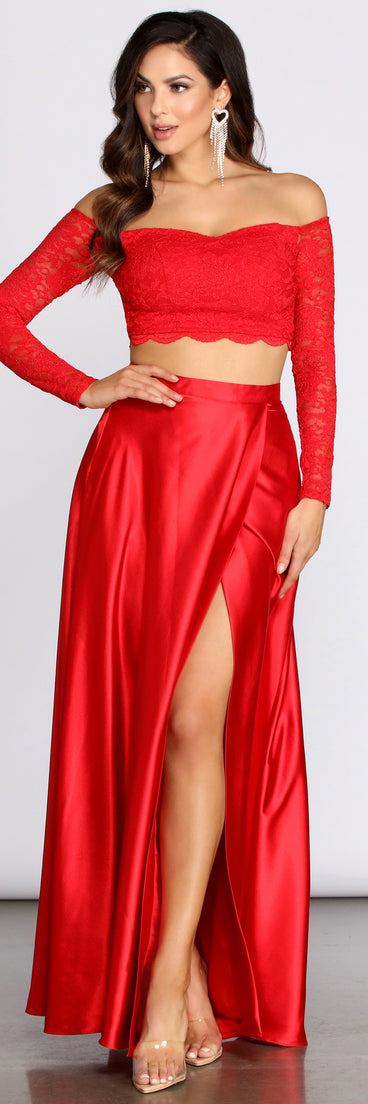 Marjorie Glitter Lace Two Piece Satin Dress is a gorgeous pick as your 2023 prom dress or formal gown for wedding guest, spring bridesmaid, or army ball attire!