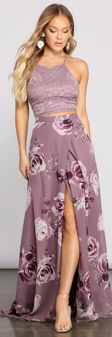 The Joelle Lace And Floral Two-Piece Dress is a gorgeous pick as your 2023 prom dress or formal gown for wedding guest, spring bridesmaid, or army ball attire!