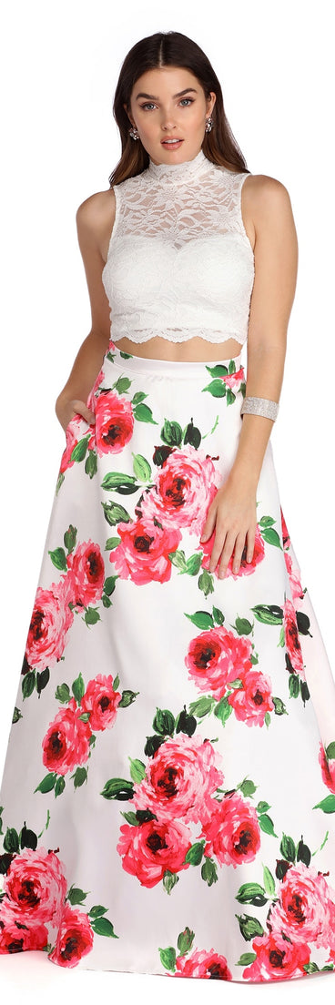 The Amalia  Floral Two Piece Gown is a gorgeous pick as your 2023 prom dress or formal gown for wedding guest, spring bridesmaid, or army ball attire!