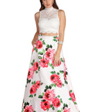The Amalia  Floral Two Piece Gown is a gorgeous pick as your 2023 prom dress or formal gown for wedding guest, spring bridesmaid, or army ball attire!