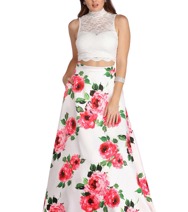 The Amalia  Floral Two Piece Gown is a gorgeous pick as your 2023 prom dress or formal gown for wedding guest, spring bridesmaid, or army ball attire!