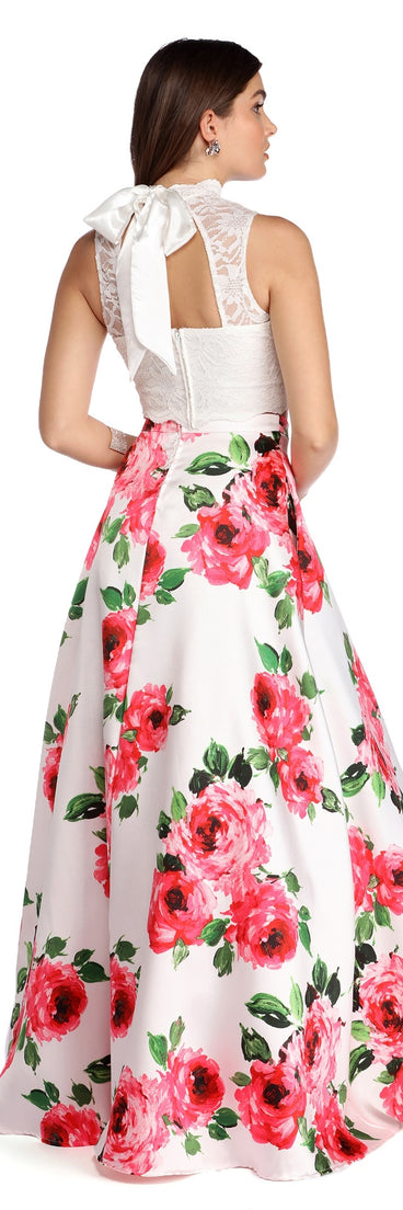 The Amalia  Floral Two Piece Gown is a gorgeous pick as your 2023 prom dress or formal gown for wedding guest, spring bridesmaid, or army ball attire!