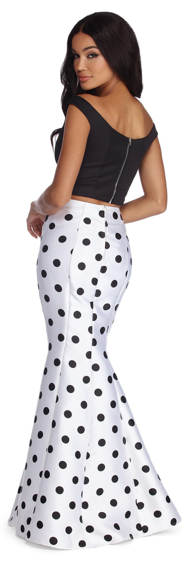 Meredith Polka Dot Two Piece Dress is a gorgeous pick as your 2023 prom dress or formal gown for wedding guest, spring bridesmaid, or army ball attire!