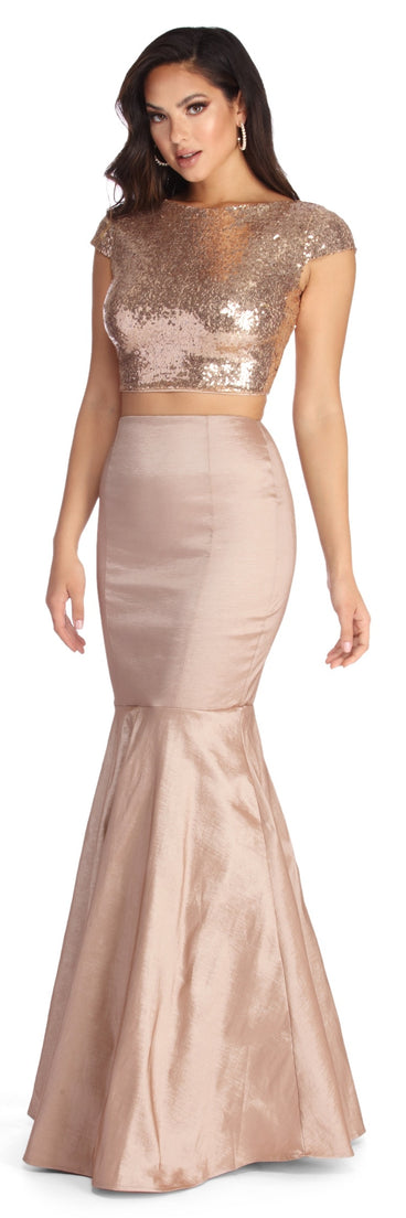 The Emmie Formal Sequin Two Piece Dress is a gorgeous pick as your 2023 prom dress or formal gown for wedding guest, spring bridesmaid, or army ball attire!