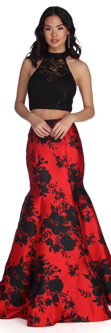 The Lena Floral Two Piece Dress is a gorgeous pick as your 2023 prom dress or formal gown for wedding guest, spring bridesmaid, or army ball attire!