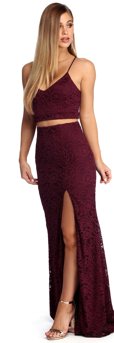 Lottie Formal Lace Two Piece Dress is a gorgeous pick as your 2023 prom dress or formal gown for wedding guest, spring bridesmaid, or army ball attire!