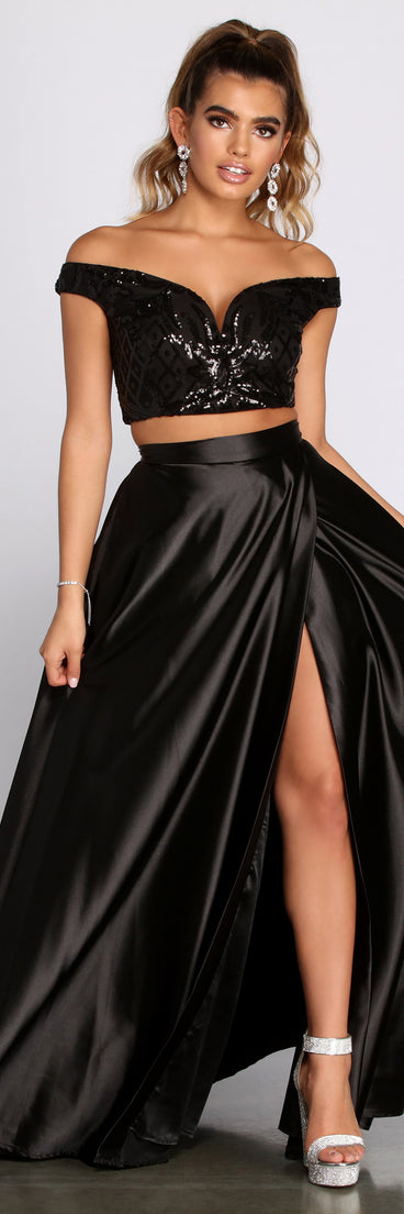 The Estella Sequin Off Shoulder Two Piece Satin Dress is a gorgeous pick as your 2023 prom dress or formal gown for wedding guest, spring bridesmaid, or army ball attire!