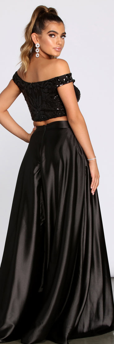 The Estella Sequin Off Shoulder Two Piece Satin Dress is a gorgeous pick as your 2023 prom dress or formal gown for wedding guest, spring bridesmaid, or army ball attire!