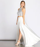 The Atara Iridescent Sequin Two Piece Satin Dress is a gorgeous pick as your 2023 prom dress or formal gown for wedding guest, spring bridesmaid, or army ball attire!