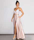 The Inez Iridescent Sequin Two Piece Satin Dress is a gorgeous pick as your 2023 prom dress or formal gown for wedding guest, spring bridesmaid, or army ball attire!