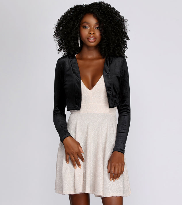 Velvet Crop Bolero Cover Jacket is a gorgeous pick as your 2023 prom dress or formal gown for wedding guest, spring bridesmaid, or army ball attire!