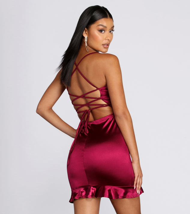 Ruffle Hem Satin Mini Dress helps create the best bachelorette party outfit or the bride's sultry bachelorette dress for a look that slays!