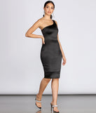 One Sleeve Satin Midi Dress helps create the best bachelorette party outfit or the bride's sultry bachelorette dress for a look that slays!