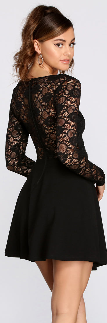 Long Sleeve Lace & Crepe Skater Dress
