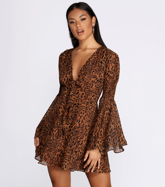 Leopard Bell Sleeve Chiffon Mini Dress is a trendy pick to create 2023 festival outfits, festival dresses, outfits for concerts or raves, and complete your best party outfits!