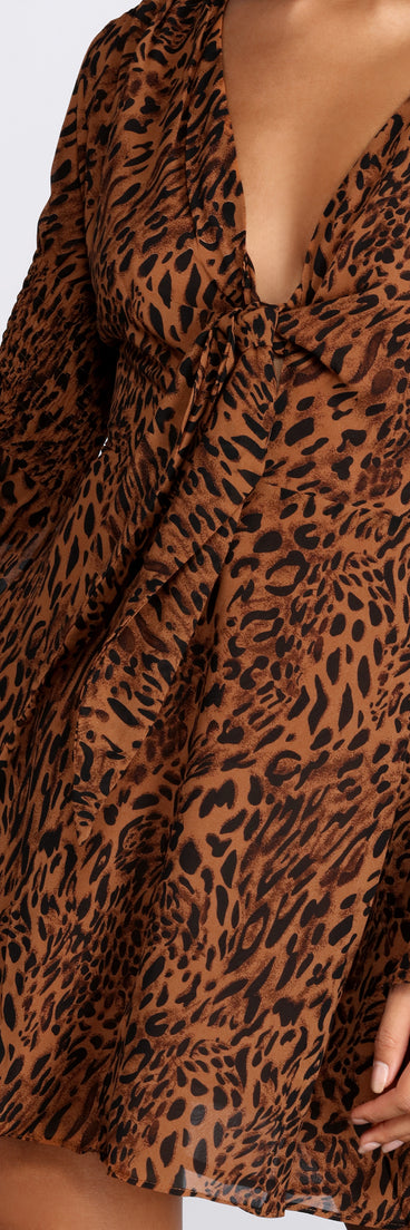 Leopard Bell Sleeve Chiffon Mini Dress is a trendy pick to create 2023 festival outfits, festival dresses, outfits for concerts or raves, and complete your best party outfits!