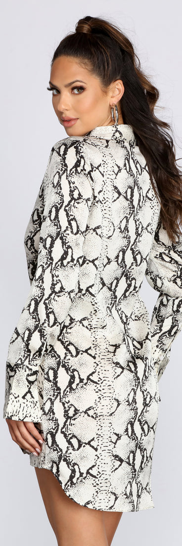 Sleek Satin Snake Print Mini Dress for 2022 festival outfits, festival dress, outfits for raves, concert outfits, and/or club outfits