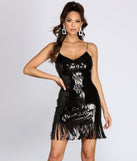 Sequin Stunner Fringe Mini Dress helps create the best bachelorette party outfit or the bride's sultry bachelorette dress for a look that slays!