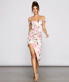 Floral Off The Shoulder Asymmetrical Midi Dress creates the perfect spring wedding guest dress or cocktail attire with stylish details in the latest trends for 2023!