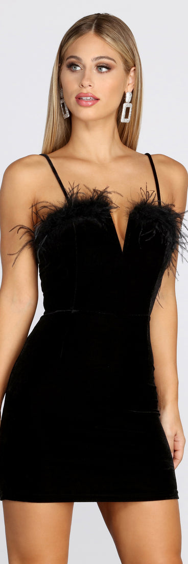 Velvet Marabou Neck Trim Mini Dress is a trendy pick to create 2023 festival outfits, festival dresses, outfits for concerts or raves, and complete your best party outfits!