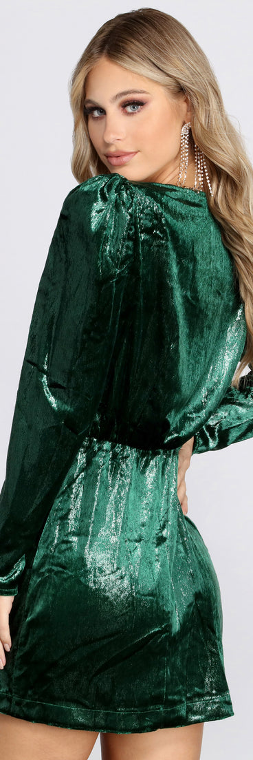 Power Shoulder Glitter Satin Wrap Mini Dress