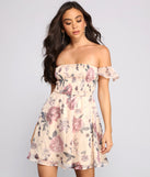 Chic Floral Chiffon Off The Shoulder Mini Dress creates the perfect spring wedding guest dress or cocktail attire with stylish details in the latest trends for 2023!