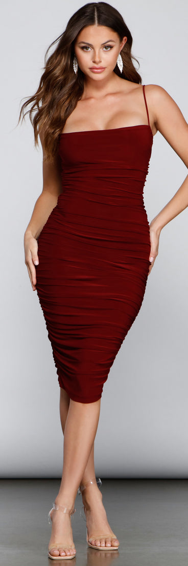 Sultry Chic Ruched Midi Dress is a stunning choice for a bridesmaid dress or maid of honor dress, and to feel beautiful at Prom 2023, spring weddings, formals, & military balls!