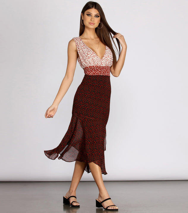 Pop Of Color Block Ditsy Floral Midi Dress is a trendy pick to create 2023 festival outfits, festival dresses, outfits for concerts or raves, and complete your best party outfits!