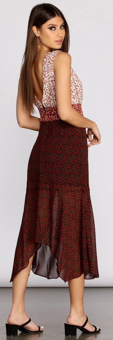 Pop Of Color Block Ditsy Floral Midi Dress is a trendy pick to create 2023 festival outfits, festival dresses, outfits for concerts or raves, and complete your best party outfits!