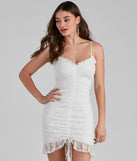 Dainty Lace Ruched Mesh Mini Dress is a trendy pick to create 2023 festival outfits, festival dresses, outfits for concerts or raves, and complete your best party outfits!