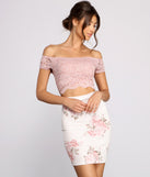 Romantic Floral And Lace Off-The-Shoulder Mini Dress creates the perfect spring wedding guest dress or cocktail attire with stylish details in the latest trends for 2023!