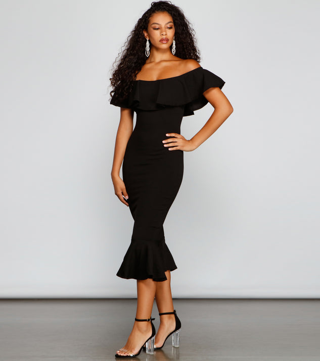 A Stylish Affair Ruffled Midi Dress creates the perfect summer wedding guest dress or cocktail party dresss with stylish details in the latest trends for 2023!