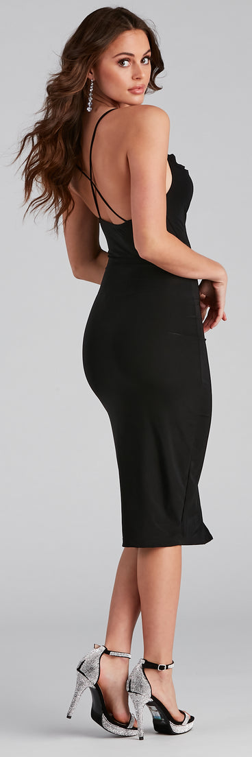 Simply Stunning Cowl Neck Midi Dress creates the perfect spring wedding guest dress or cocktail attire with stylish details in the latest trends for 2023!