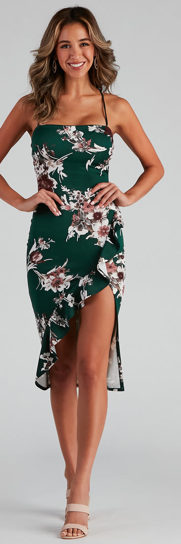 Essential for vacations or summer days, the Floral Passion Ruffled Midi Dress is a sundress or milkmaid dress with sleek and flirty details.