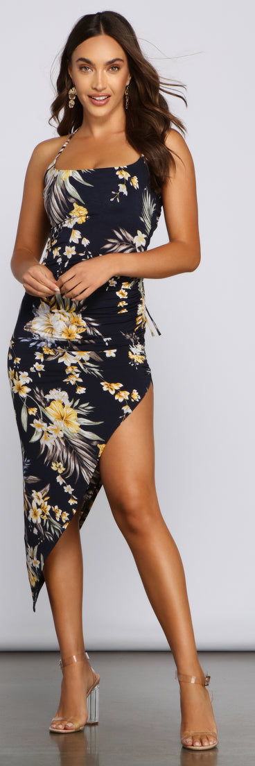 Dreamy Floral Asymmetrical Midi Dress helps create the best bachelorette party outfit or the bride's sultry bachelorette dress for a look that slays!