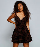 Bring The Flare Flocked Velvet Skater Dress creates the perfect spring wedding guest dress or cocktail attire with stylish details in the latest trends for 2023!