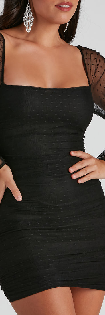 Hit The Spot Ruched Mesh Mini Dress creates the perfect spring wedding guest dress or cocktail attire with stylish details in the latest trends for 2023!