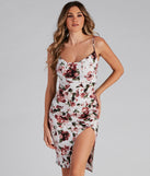 Spring Strolls Floral Cowl Midi Dress for Homecoming 2022, Winter Formal Dances, Holiday Dress, Military Balls, Bridesmaids, Wedding Guests, and Prom