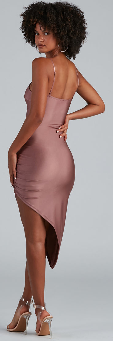 asymmetrical wedding guest dress Just Flaunt It Satin Asymmetrical Mini Dress