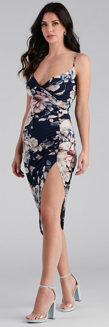 So Flirtatious Floral Midi Dress for Prom, Bridesmaids, Wedding Guests, Formals Military Balls, and Homecoming 2022