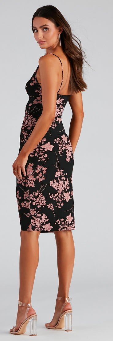 All About Floral Cowl Midi Dress creates the perfect spring wedding guest dress or cocktail attire with stylish details in the latest trends for 2023!