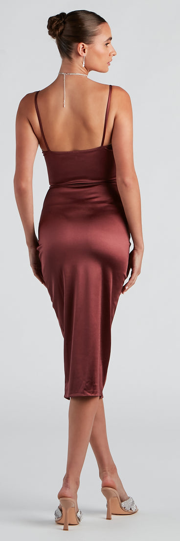 Cocktail Glam Satin Midi Dress creates the perfect spring wedding guest dress or cocktail attire with stylish details in the latest trends for 2023!