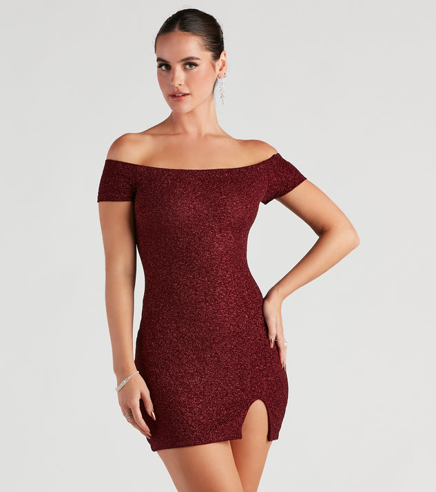 The Love Spark Glitter Off The Shoulder Dress is a unique party dress to help you create a look for work parties, birthdays, anniversaries, or your next 2023 celebration!
