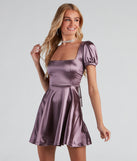 Sweet Victory Satin Skater Dress is a gorgeous pick as your 2023 Homecoming dress or formal gown for wedding guest, fall bridesmaid, or military ball attire!
