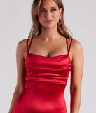 Radiant In Satin Strappy Midi Dress is a gorgeous pick as your 2023 Homecoming dress or formal gown for wedding guest, fall bridesmaid, or military ball attire!