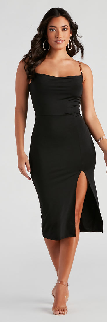 Late Night Vibes Chain Strap Midi Dress creates the perfect spring wedding guest dress or cocktail attire with stylish details in the latest trends for 2023!