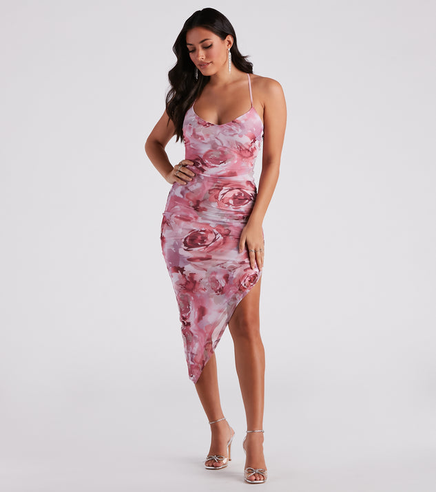 Dreamy Floral Ruched Mesh Midi Dress creates the perfect spring wedding guest dress or cocktail attire with stylish details in the latest trends for 2023!